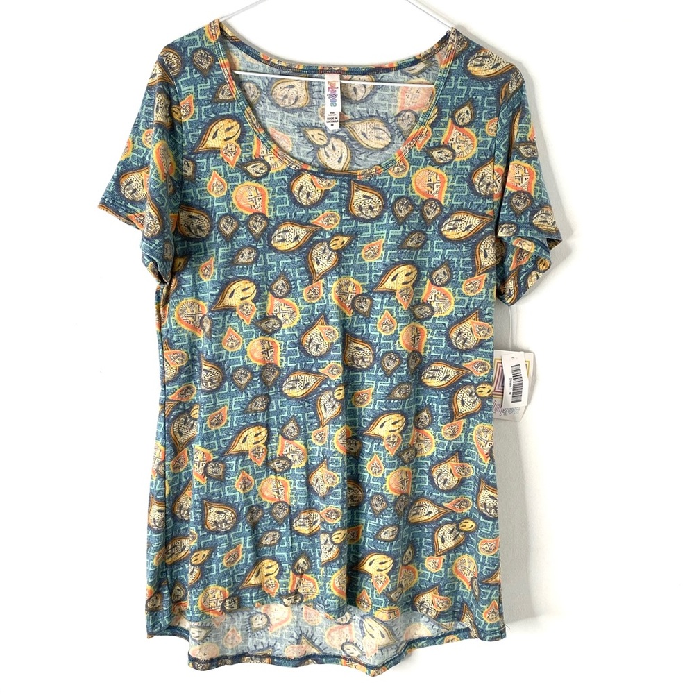 LuLaRoe Blue Orange Paisley Classic Tee Hi Lo Curved Back Hem Stretch NWT